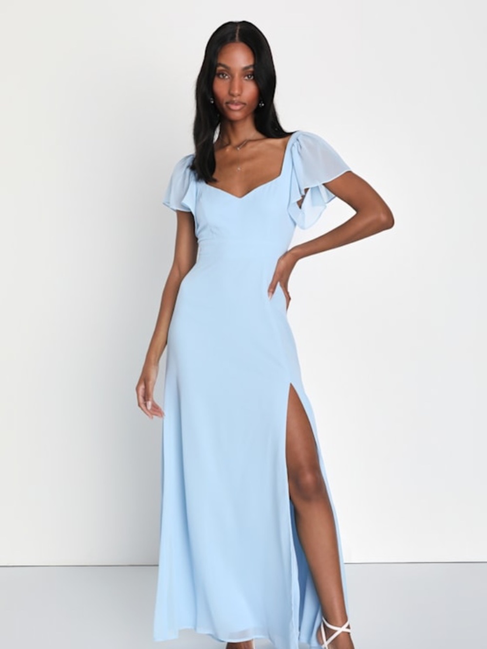 Lulus Simply Delightful Light Blue Tie-back Flutter Sleeve Maxi Dress - Size L